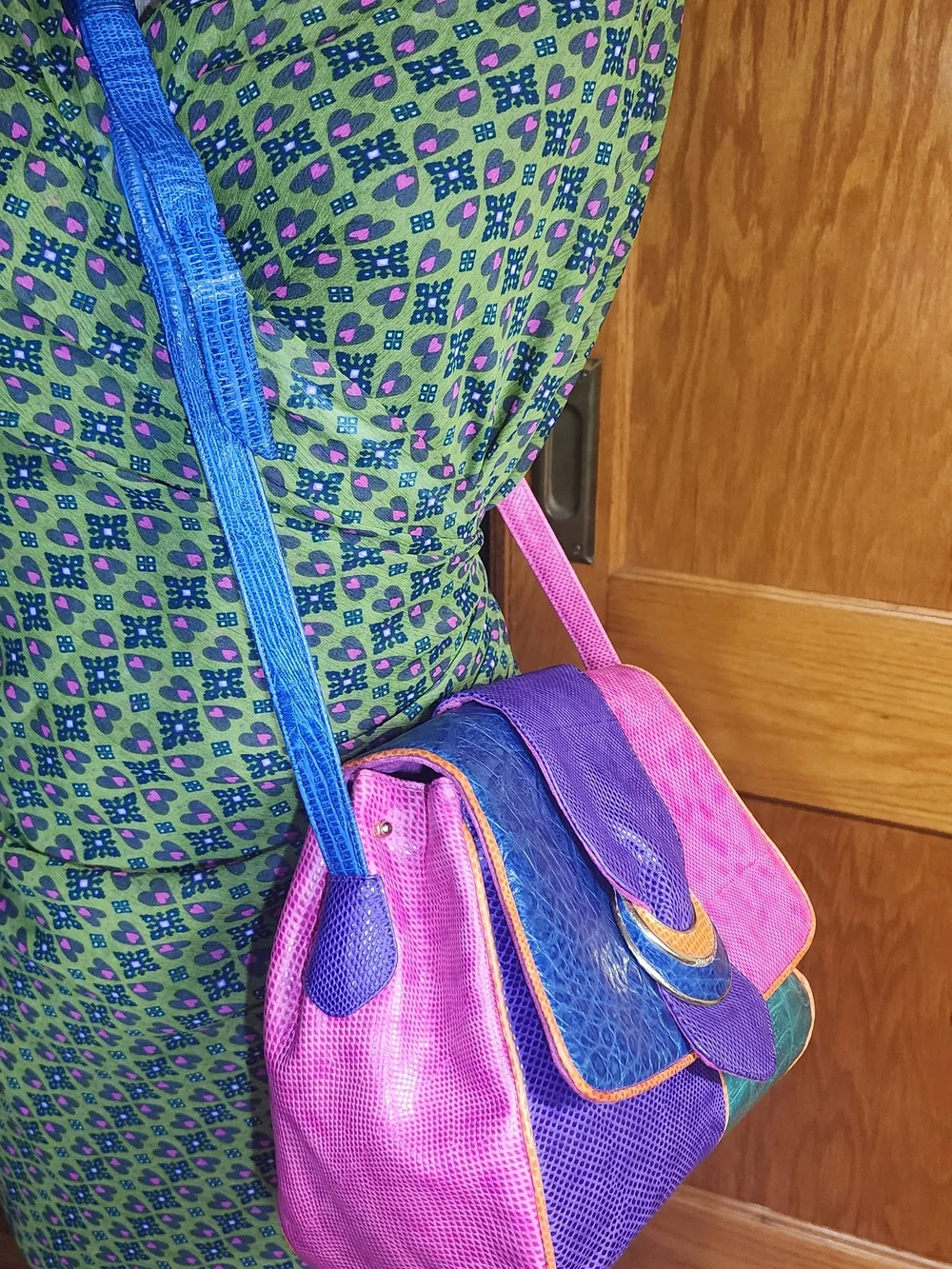 Sharif Colorblock Crossbody Bag in Purple, Blue, Pink, Teal